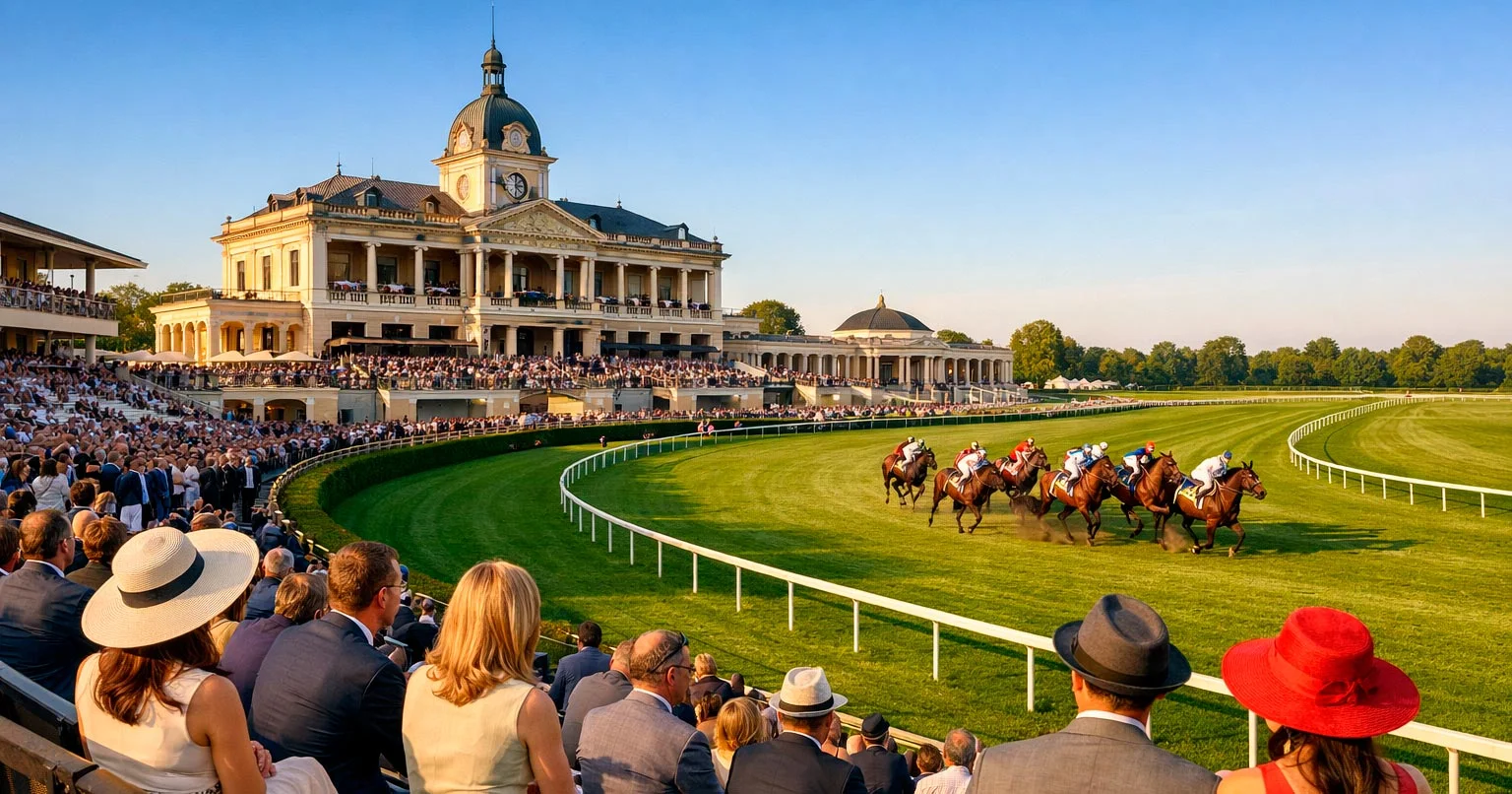 Elegante Pferderennbahn mit Zuschauern auf der Tribüne