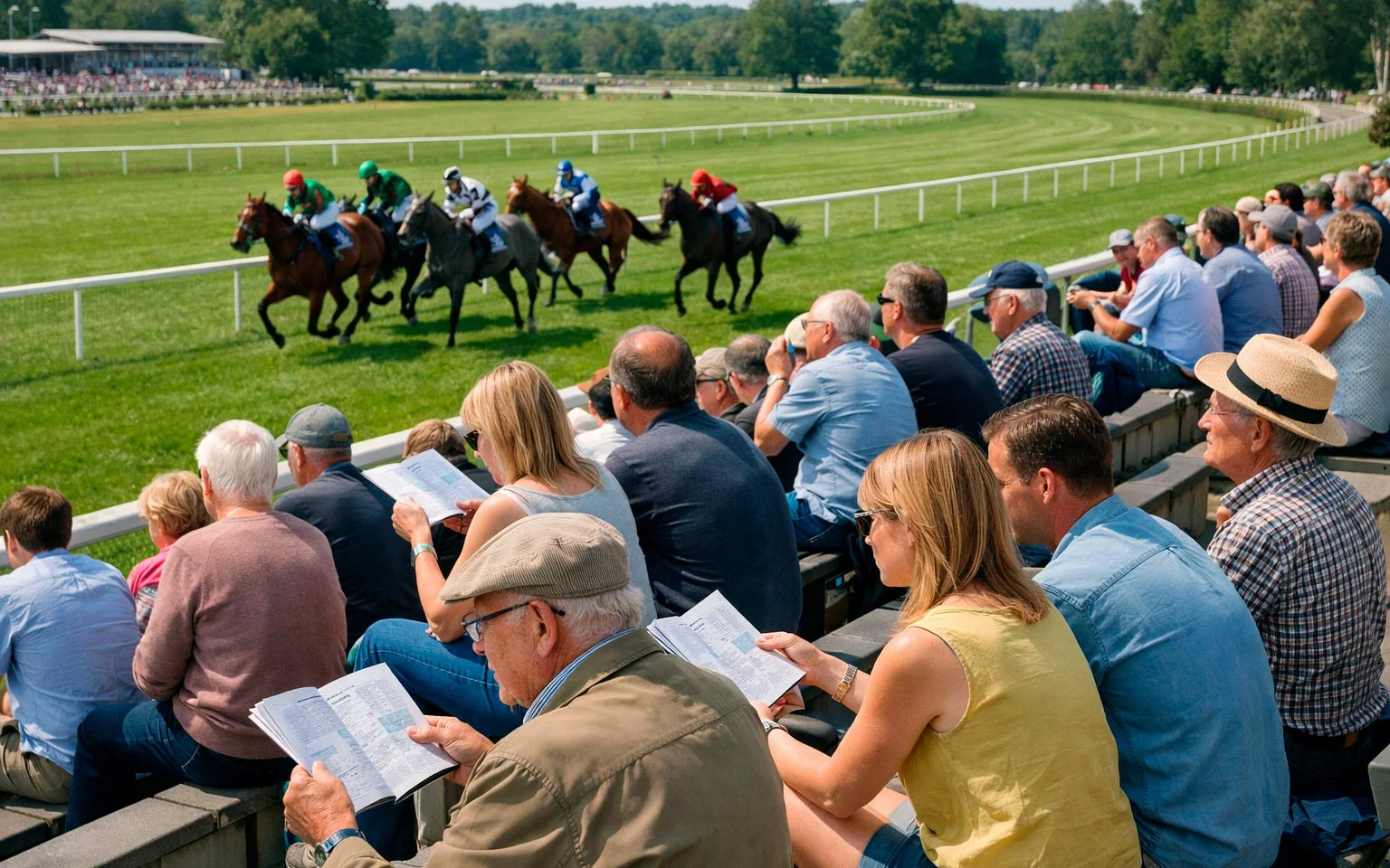 Besucher beobachten Pferderennen von der Rennbahn-Tribüne