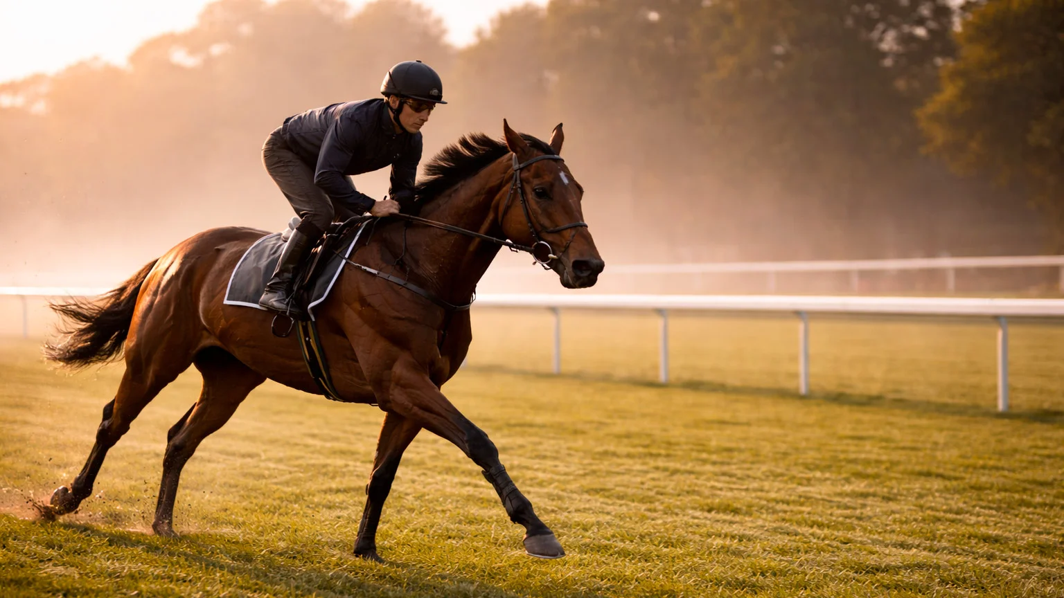 Rennpferd im morgendlichen Training auf der Rennbahn im Nebel