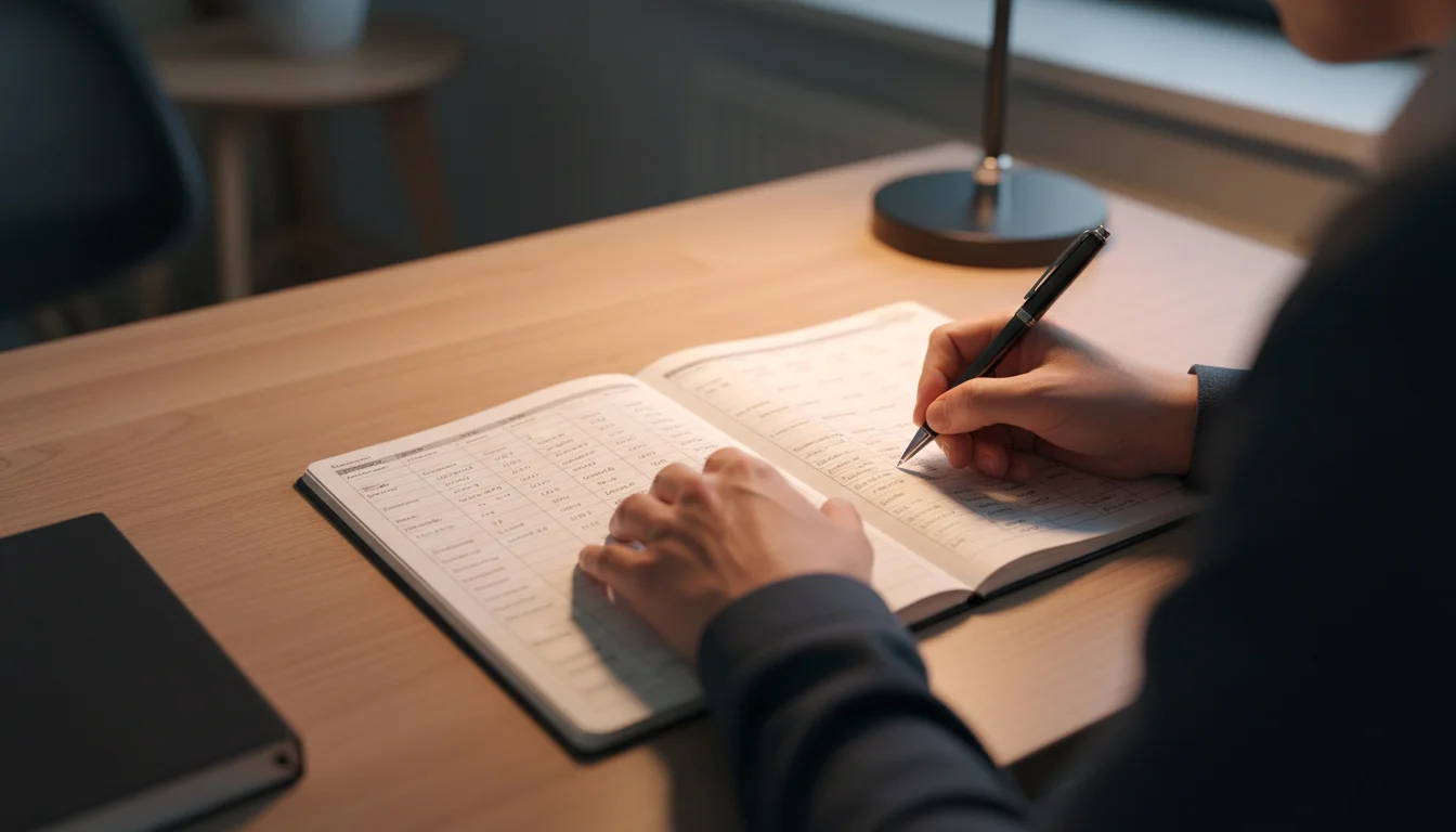 Person plant Wettbudget mit Notizbuch und Stift am Schreibtisch