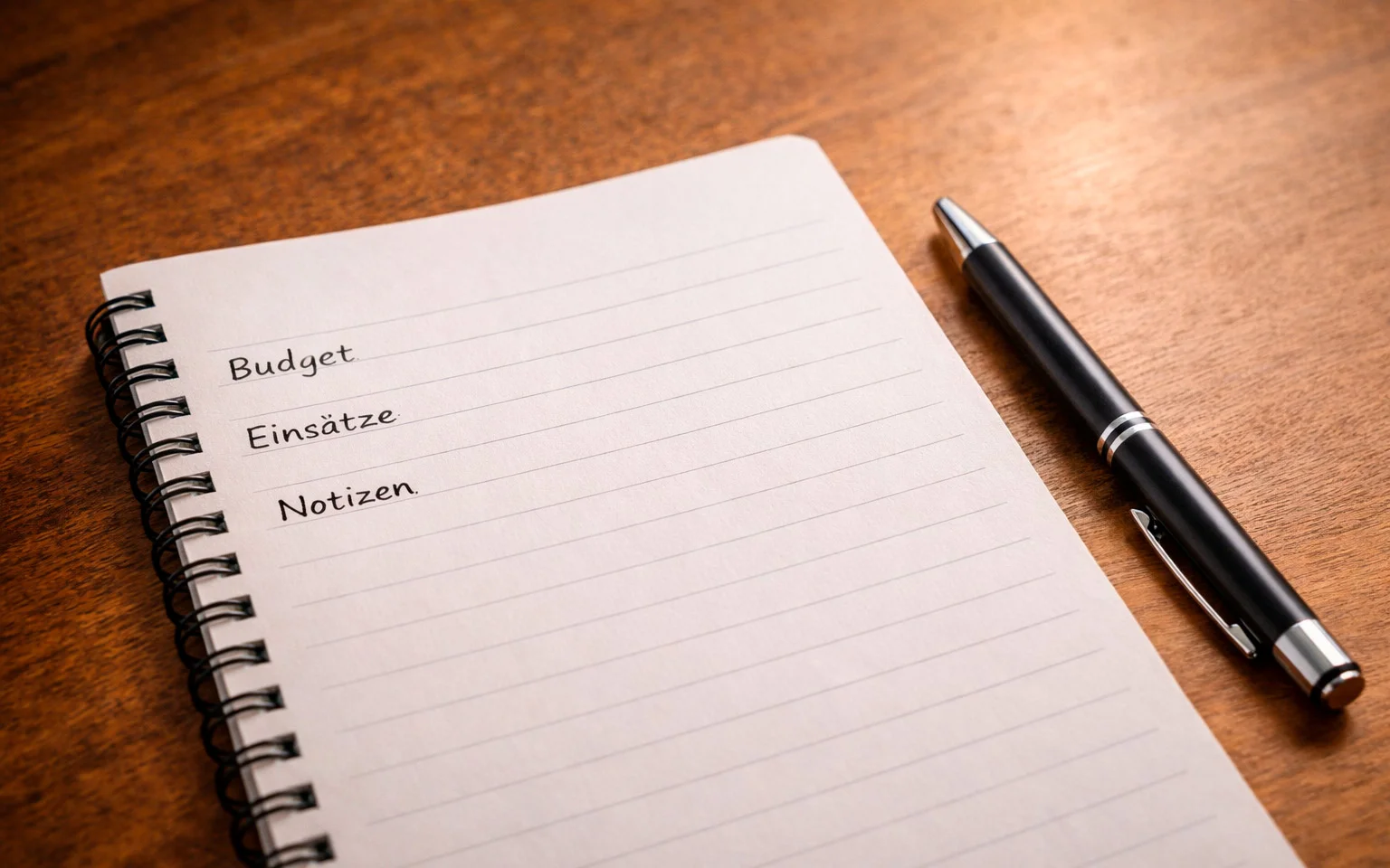 Notizbuch mit Stift für Wettaufzeichnungen auf Holztisch