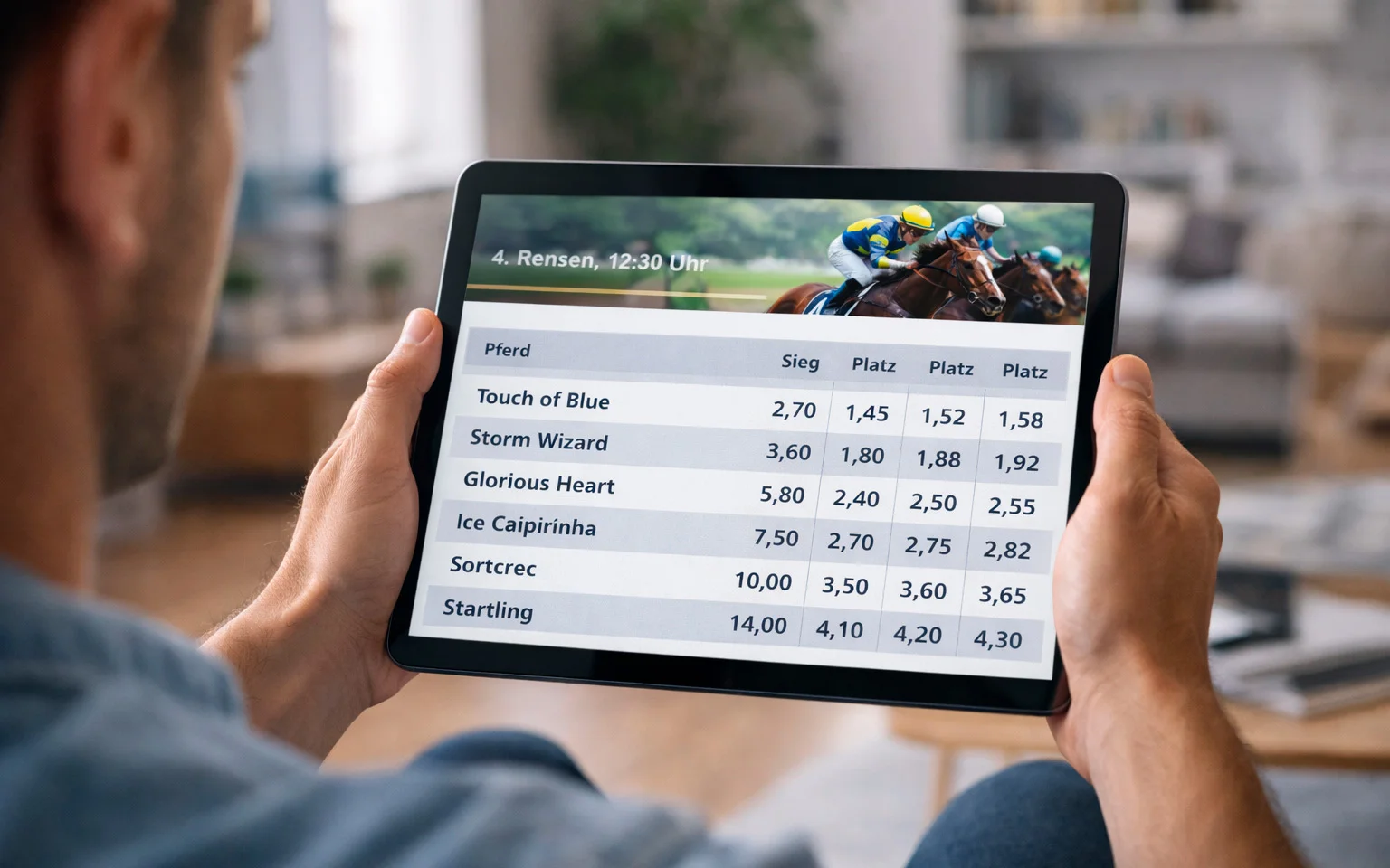 Person nutzt Tablet für Online-Wetten auf Pferderennen
