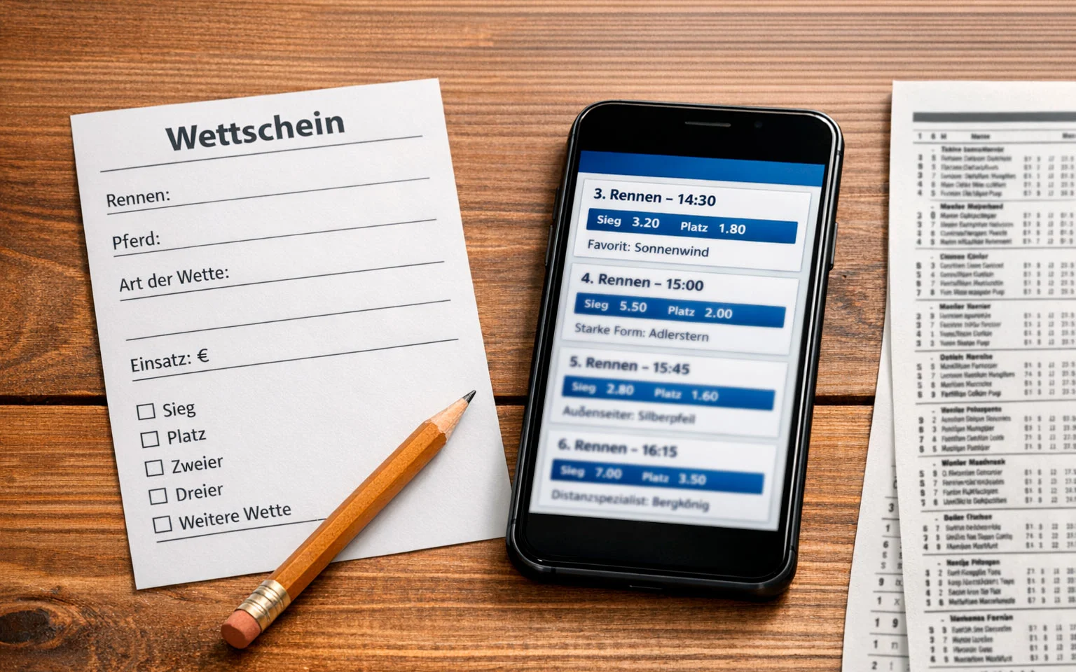 Wettschein neben Smartphone mit geöffneter Wett-App