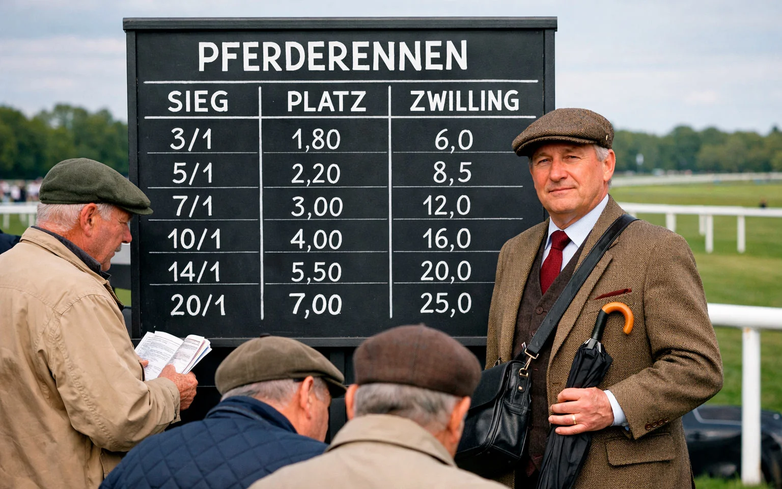 Buchmacher-Stand auf britischer Rennbahn mit Quotentafel