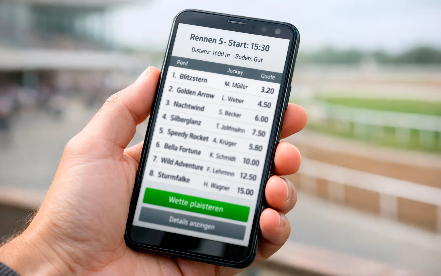 Hand hält Smartphone mit Wettquoten auf dem Bildschirm
