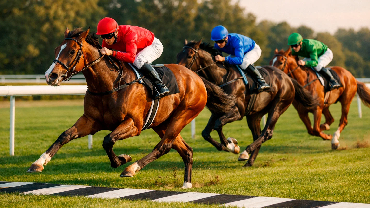 Drei Rennpferde in Reihe beim Zieleinlauf auf der Galopprennbahn
