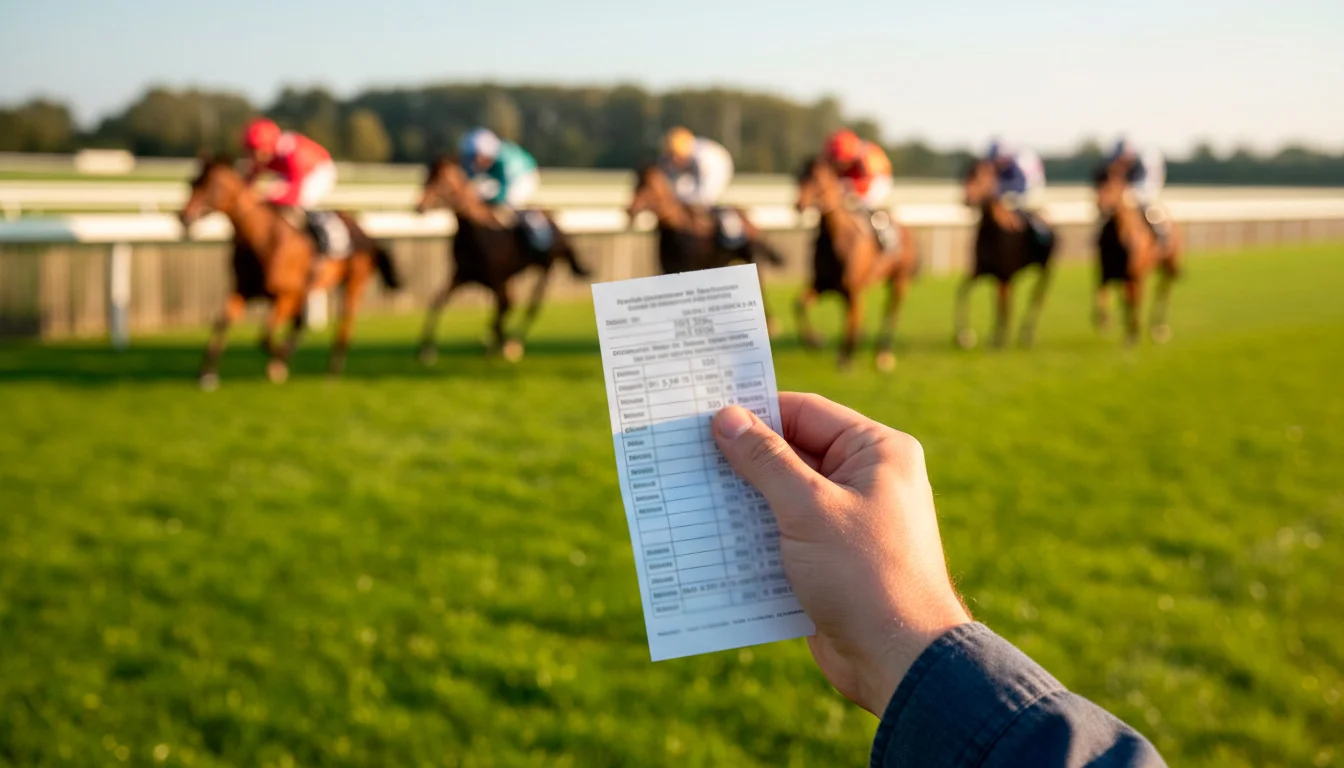 Wettschein neben der Rennbahn mit Pferden im Hintergrund