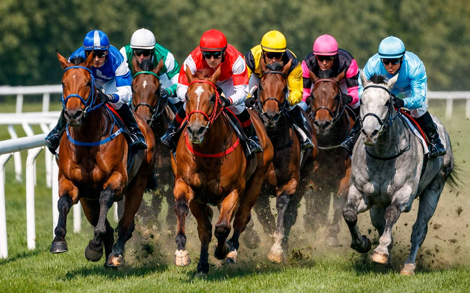 Pferde galoppieren dicht beieinander während des Rennens