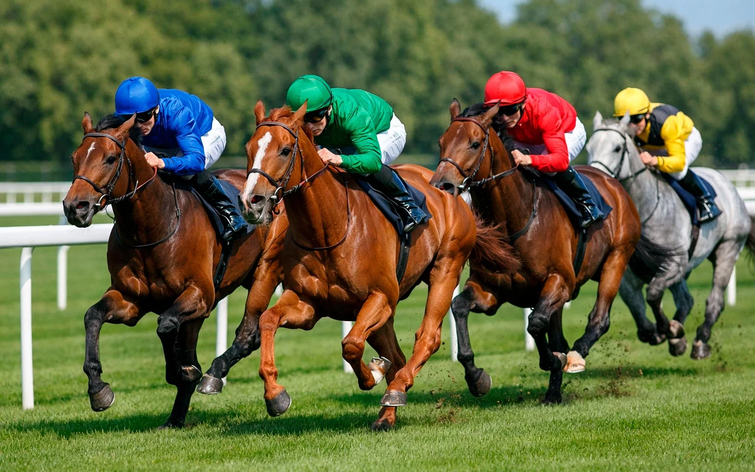Englische Vollblüter im vollen Galopp während Flachrennen