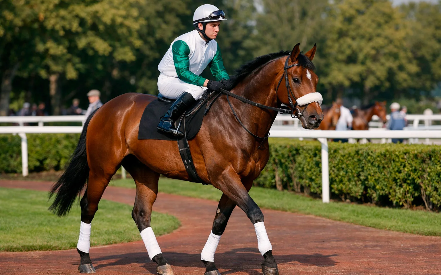 Rennpferd mit Jockey beim Aufwärmen vor dem Start