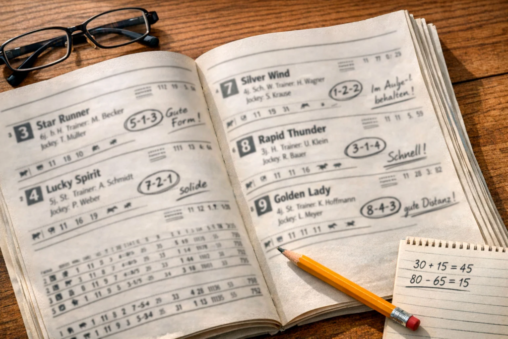 Rennprogramm mit handschriftlichen Notizen zur Formanalyse