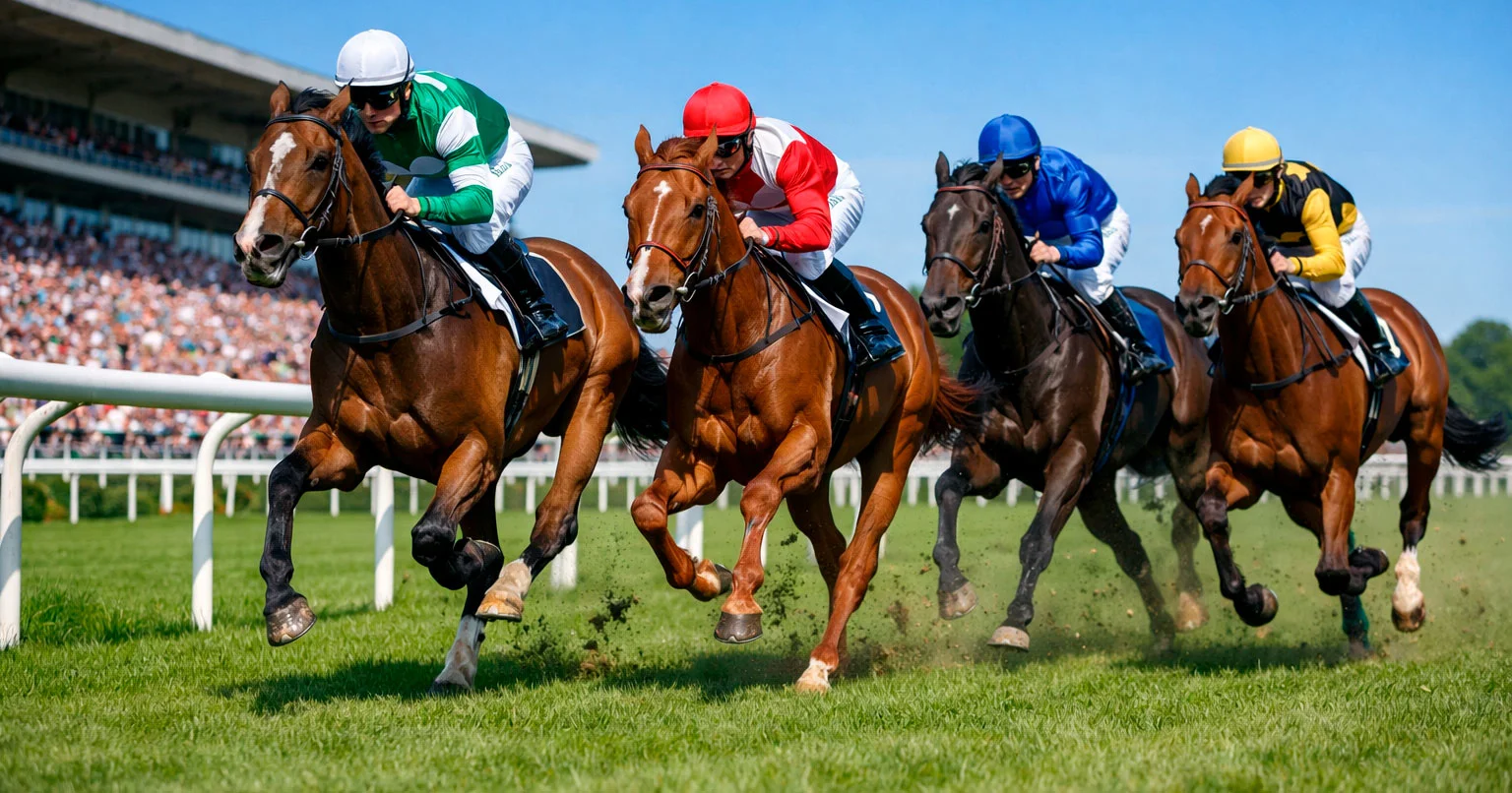 Galopprennen auf grüner Grasbahn mit Jockeys im Wettkampf