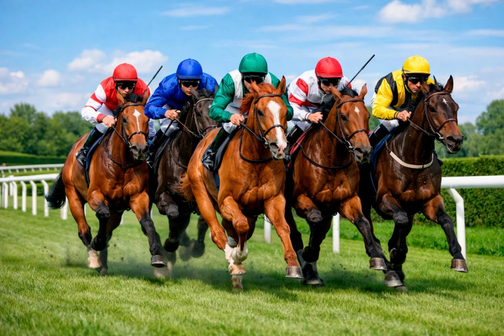 Galopprennen auf einer Grasbahn mit Vollblütern in voller Geschwindigkeit
