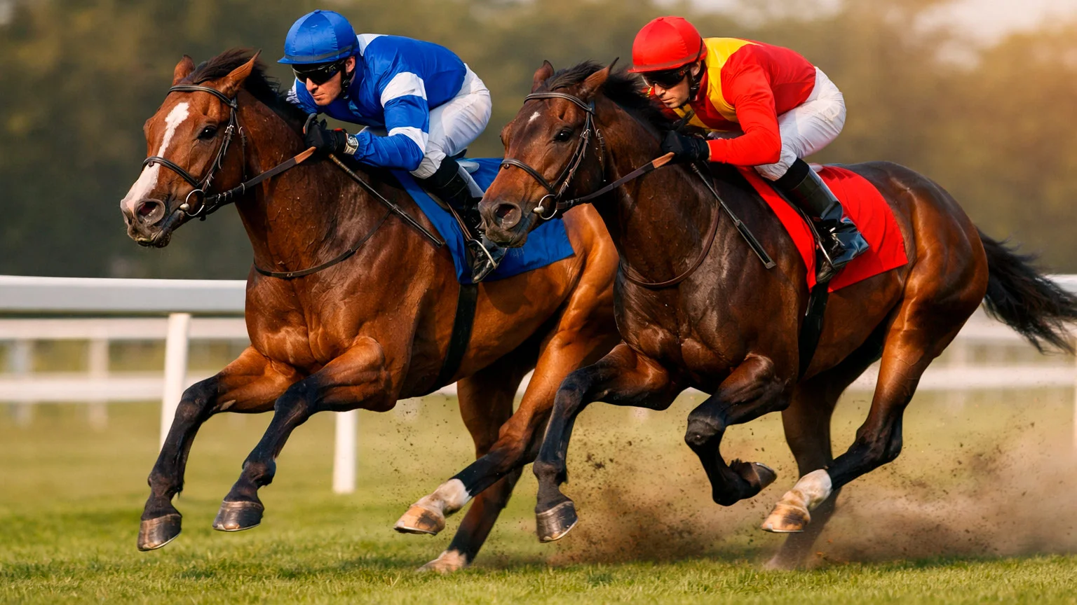 Zwei Rennpferde im direkten Duell auf der Rennbahn aus der Seitenansicht