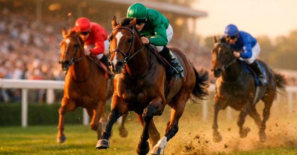 Spannender Zieleinlauf beim Galopprennen mit Jockeys in bunten Trikots