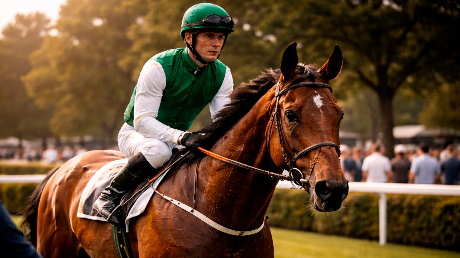 Jockey im farbigen Dress auf einem Rennpferd vor dem Start