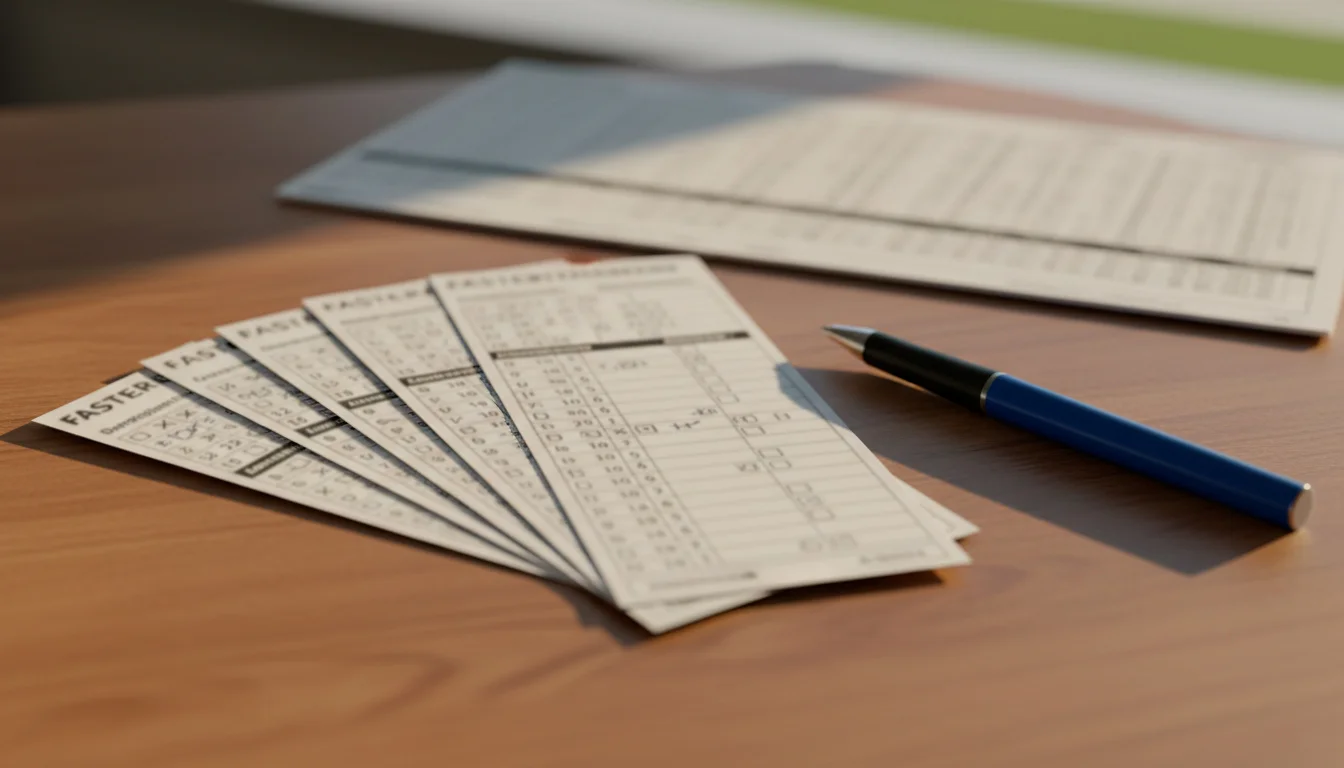 Mehrere Wettscheine übereinander auf einem Tisch neben einer Rennbahn