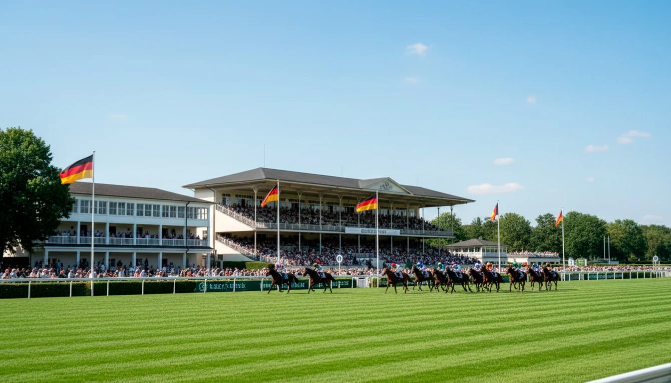 Deutsche Galopprennbahn mit grünem Geläuf und Zuschauertribüne