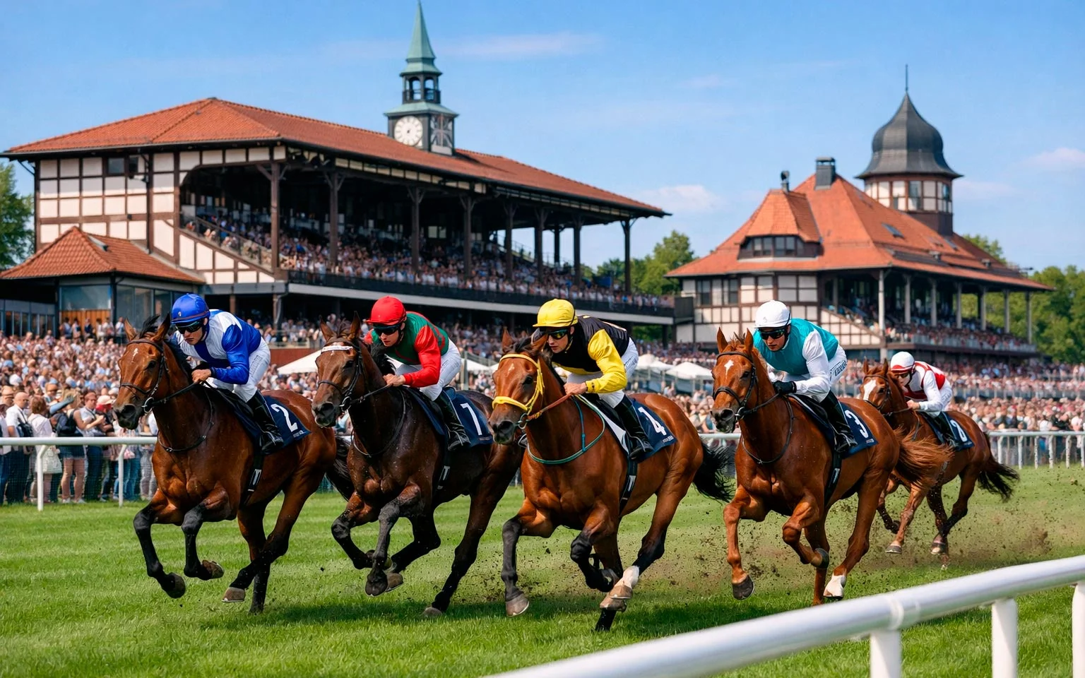 Deutsche Galopprennbahn Hamburg mit laufendem Rennen