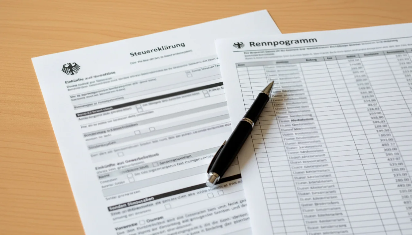 Steuerdokument neben einem Pferdewetten-Programm auf dem Schreibtisch