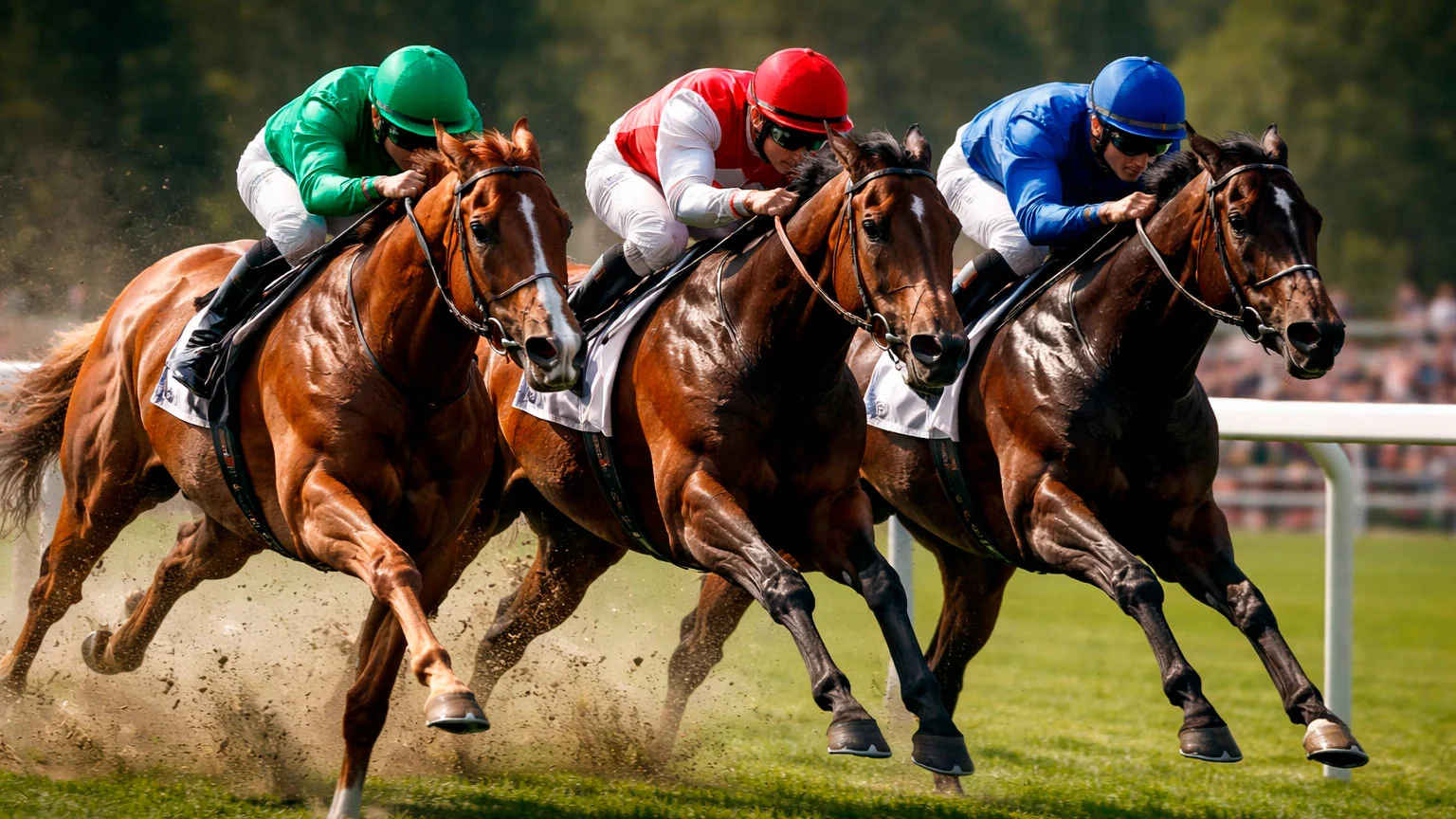 Gruppe von Rennpferden im engen Zieleinlauf auf der Rennbahn