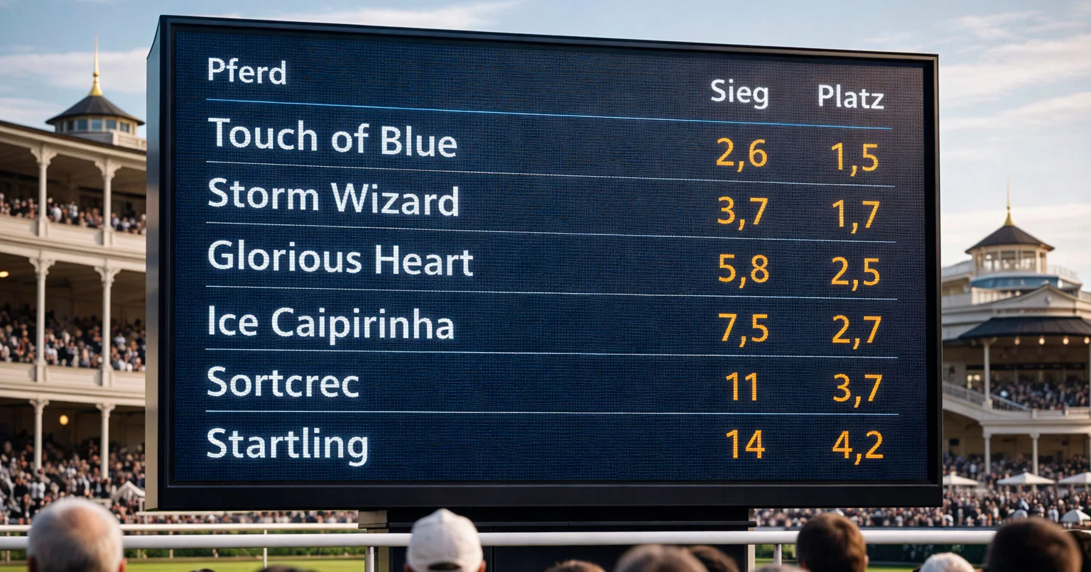 Anzeigetafel mit Quoten auf einer Pferderennbahn