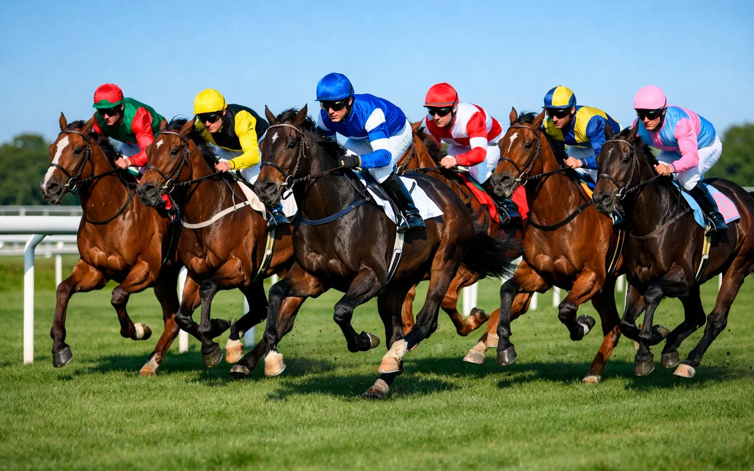 Internationales Pferderennen mit Jockeys in bunten Farben