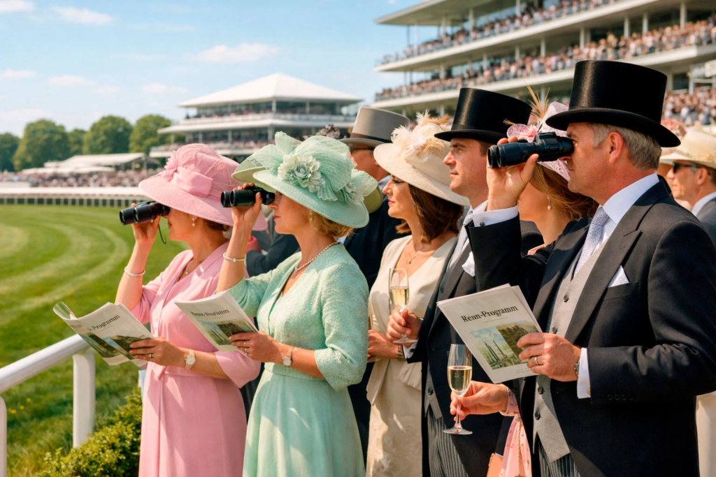 Elegante Zuschauer mit Hüten beim Pferderennen in festlicher Atmosphäre