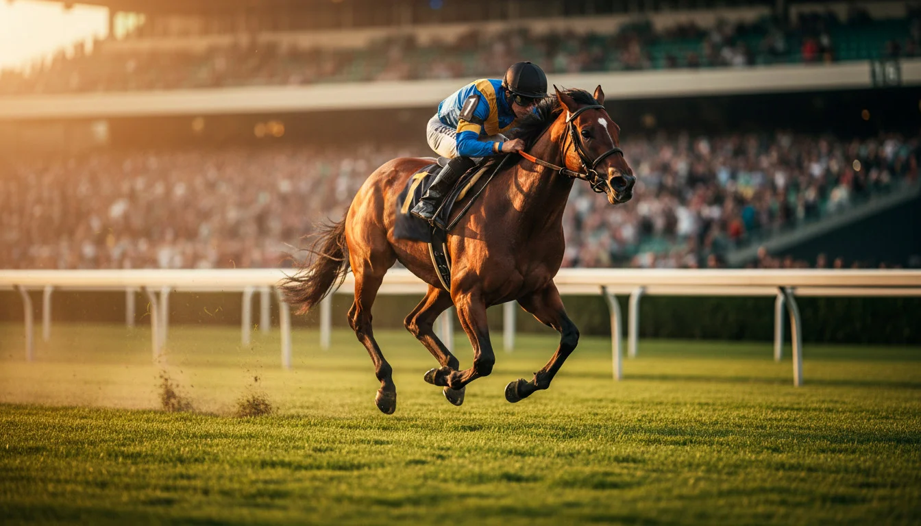 Rennpferd überquert die Ziellinie auf einer Galopprennbahn bei Sonnenlicht