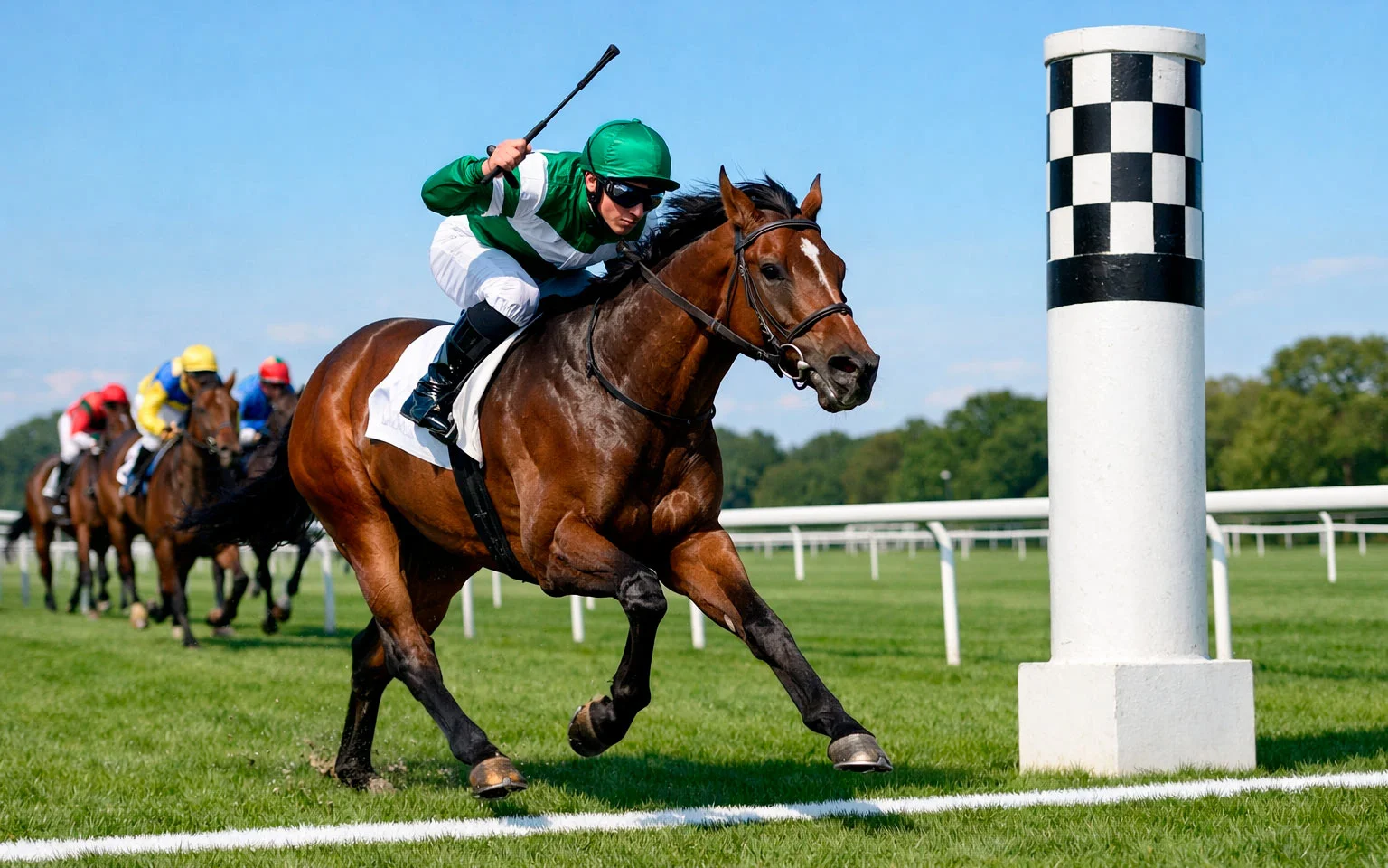 Rennpferd überquert als Erstes die Ziellinie auf der Grasbahn
