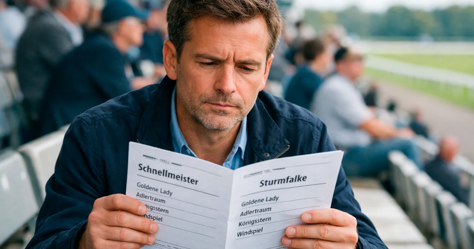 Konzentrierter Wetter analysiert Rennprogramm auf der Tribüne