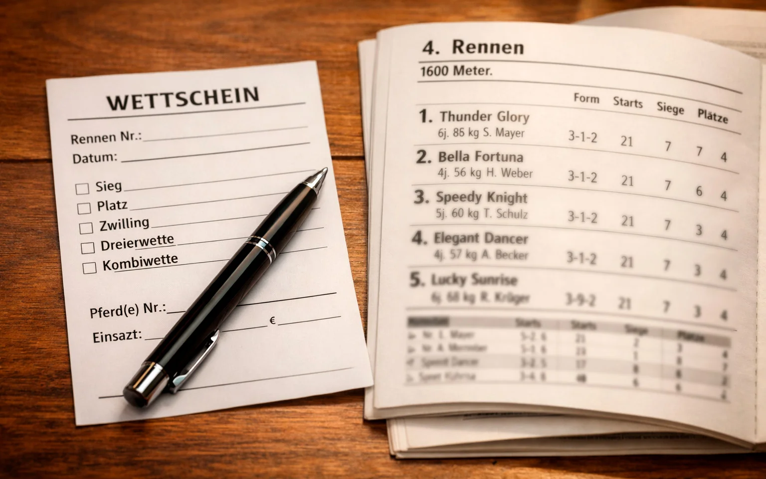 Wettschein mit Stift auf einem Tisch neben Rennprogramm