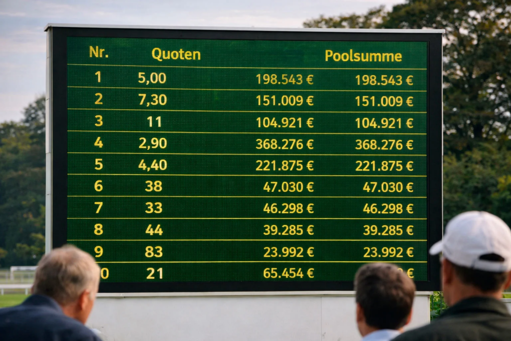 Digitale Anzeigetafel mit Quoten und Starternummern auf einer Rennbahn