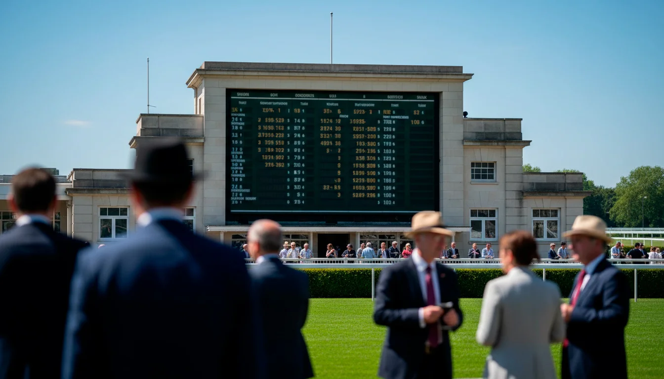 Totalisator-Anzeige auf einer Pferderennbahn mit Zuschauern