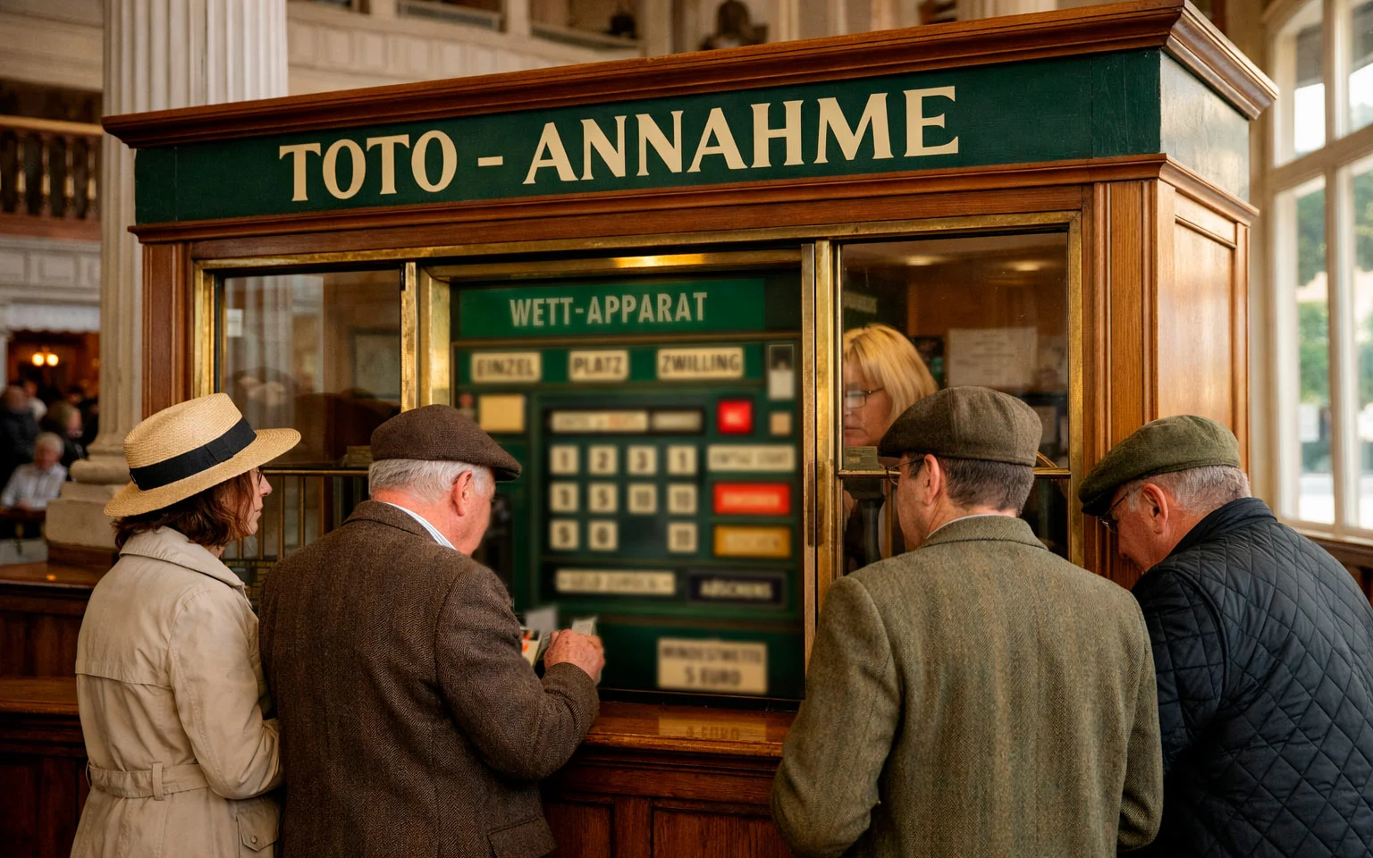 Totalisator-Schalter auf traditioneller Rennbahn mit Besuchern