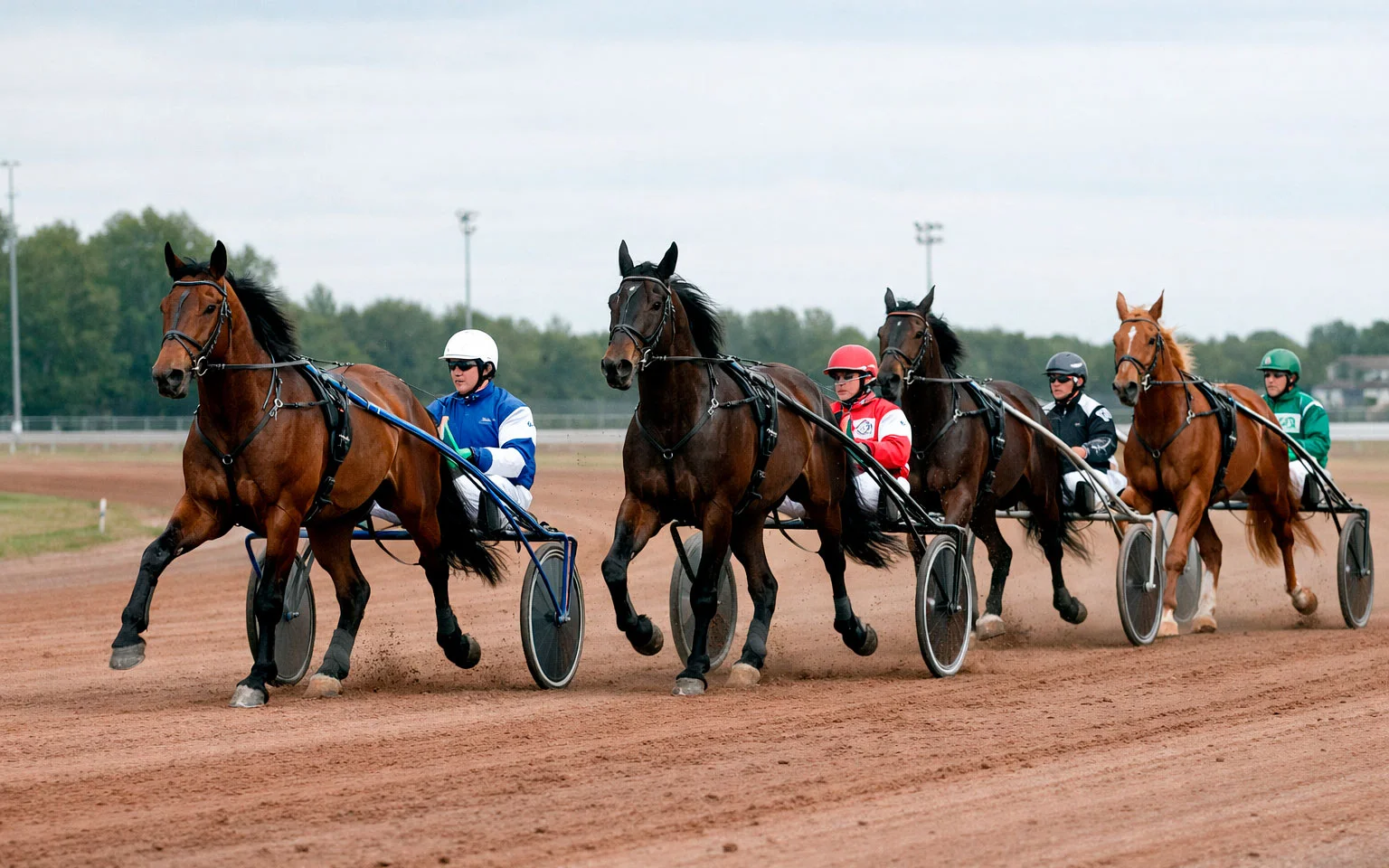 Traber mit Sulky und Fahrer auf der Sandbahn