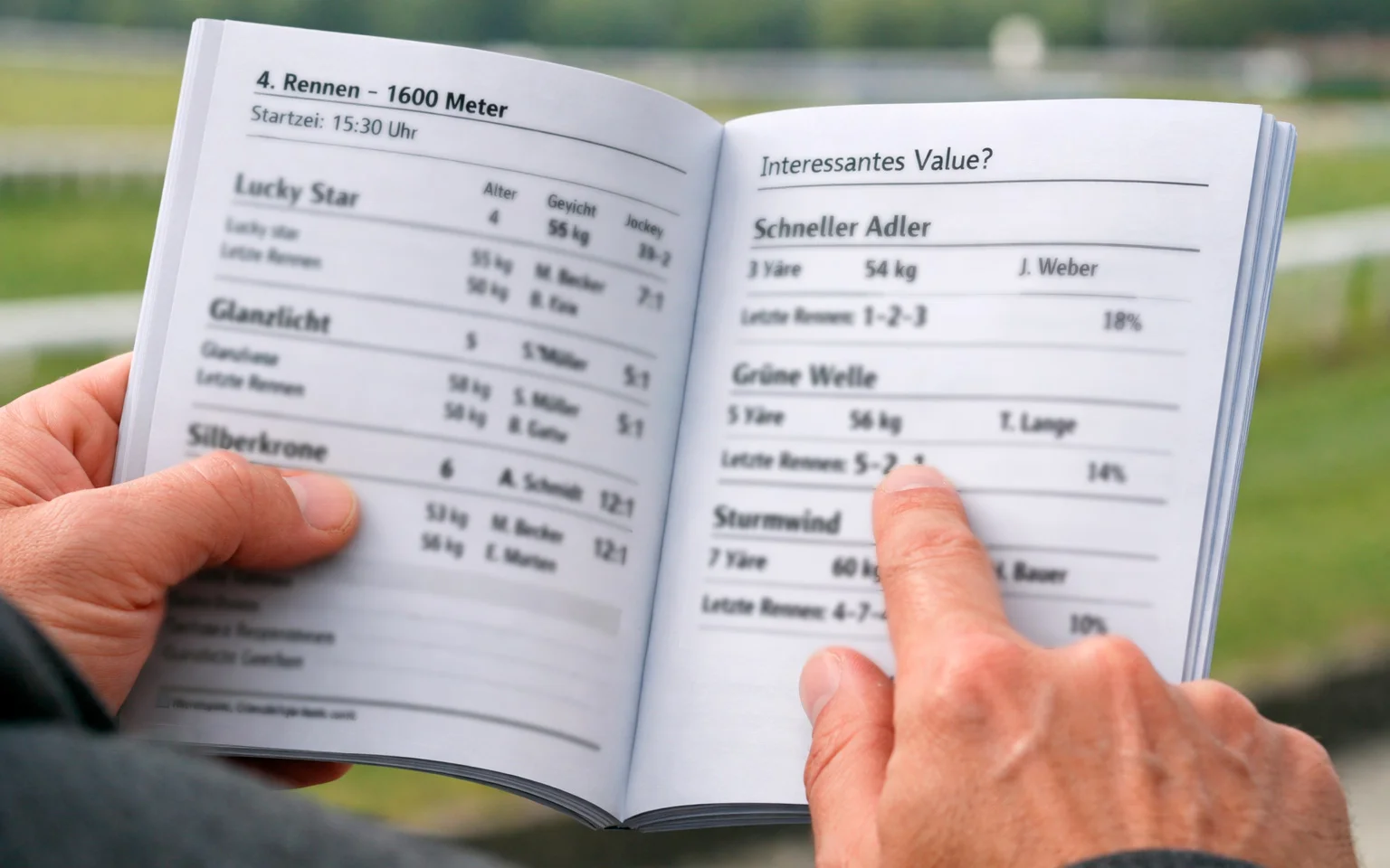Person studiert Pferdestatistiken im Rennprogramm