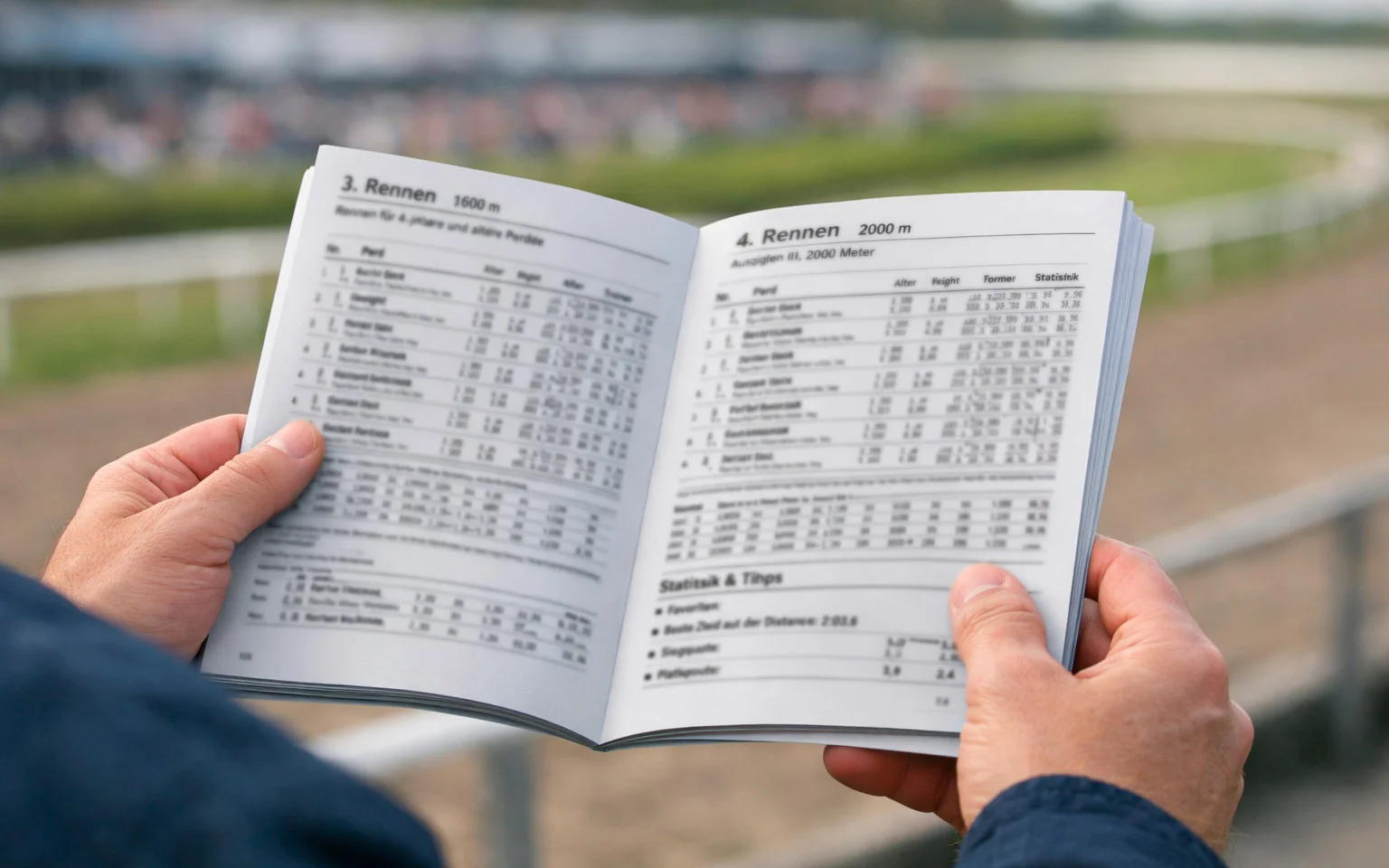 Person analysiert Rennprogramm mit Pferdestatistiken