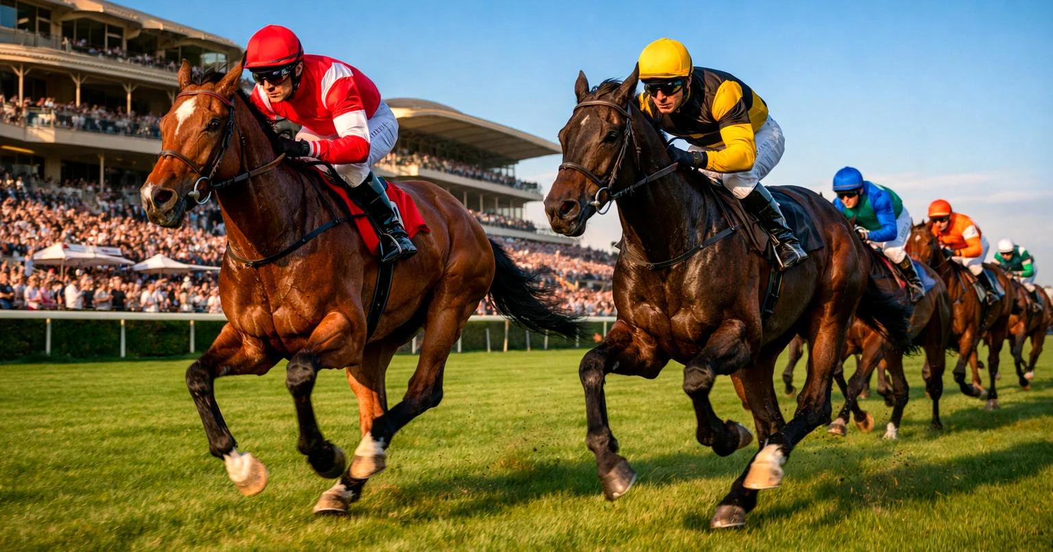 Galopprennbahn mit Pferden im Rennen und Tribüne im Hintergrund