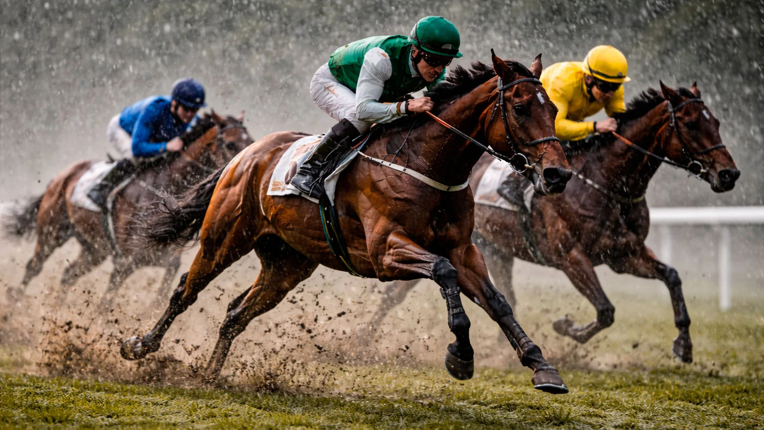 Pferderennen bei Regen auf aufgeweichter Rennbahn mit dunklem Himmel