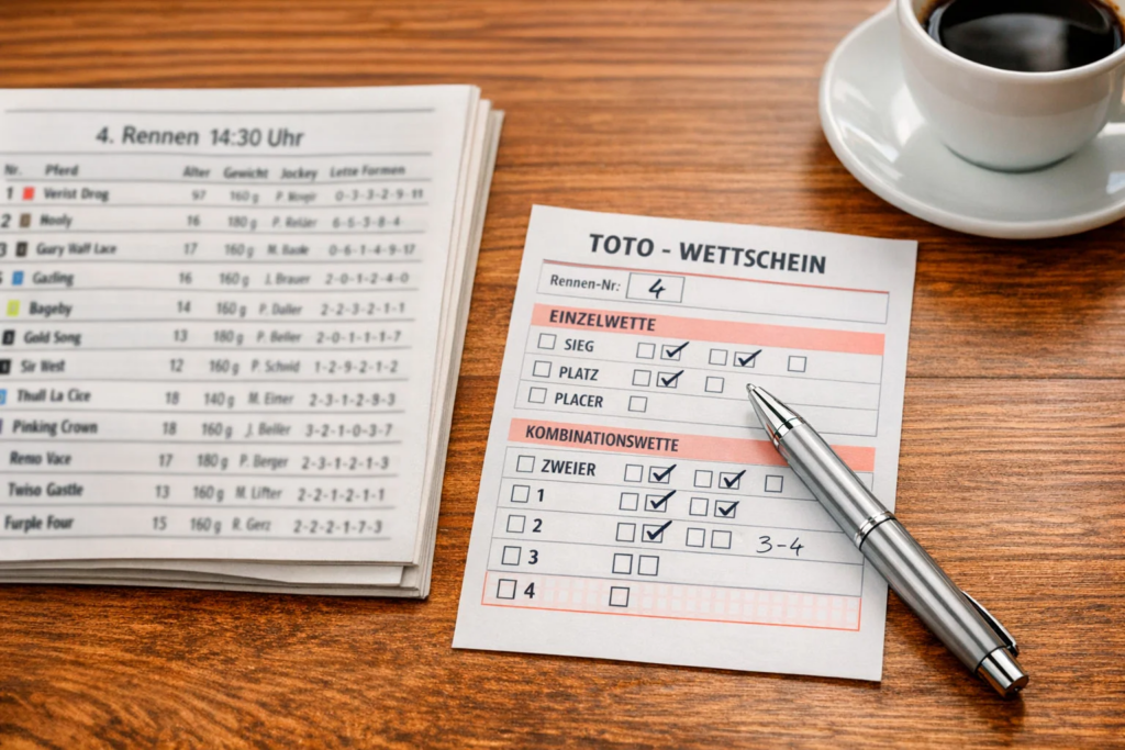 Wettschein und Rennprogramm auf einem Tisch mit Stift