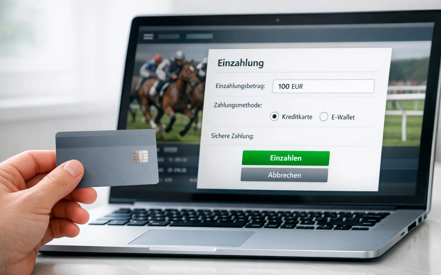 Hand hält Kreditkarte vor Laptop mit Wettseite