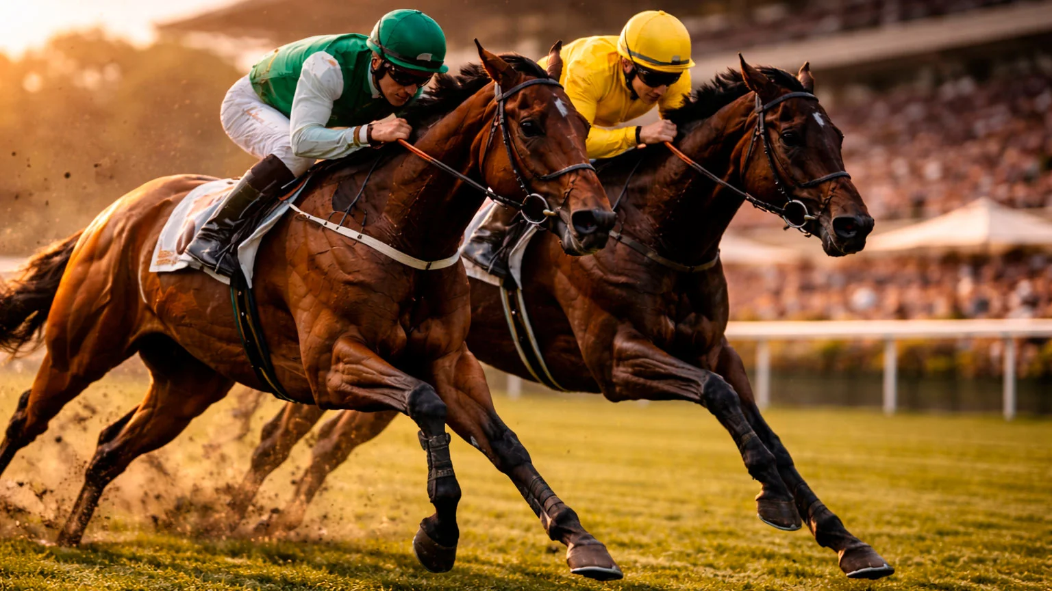 Zwei Rennpferde Kopf an Kopf im Zieleinlauf auf der Galopprennbahn
